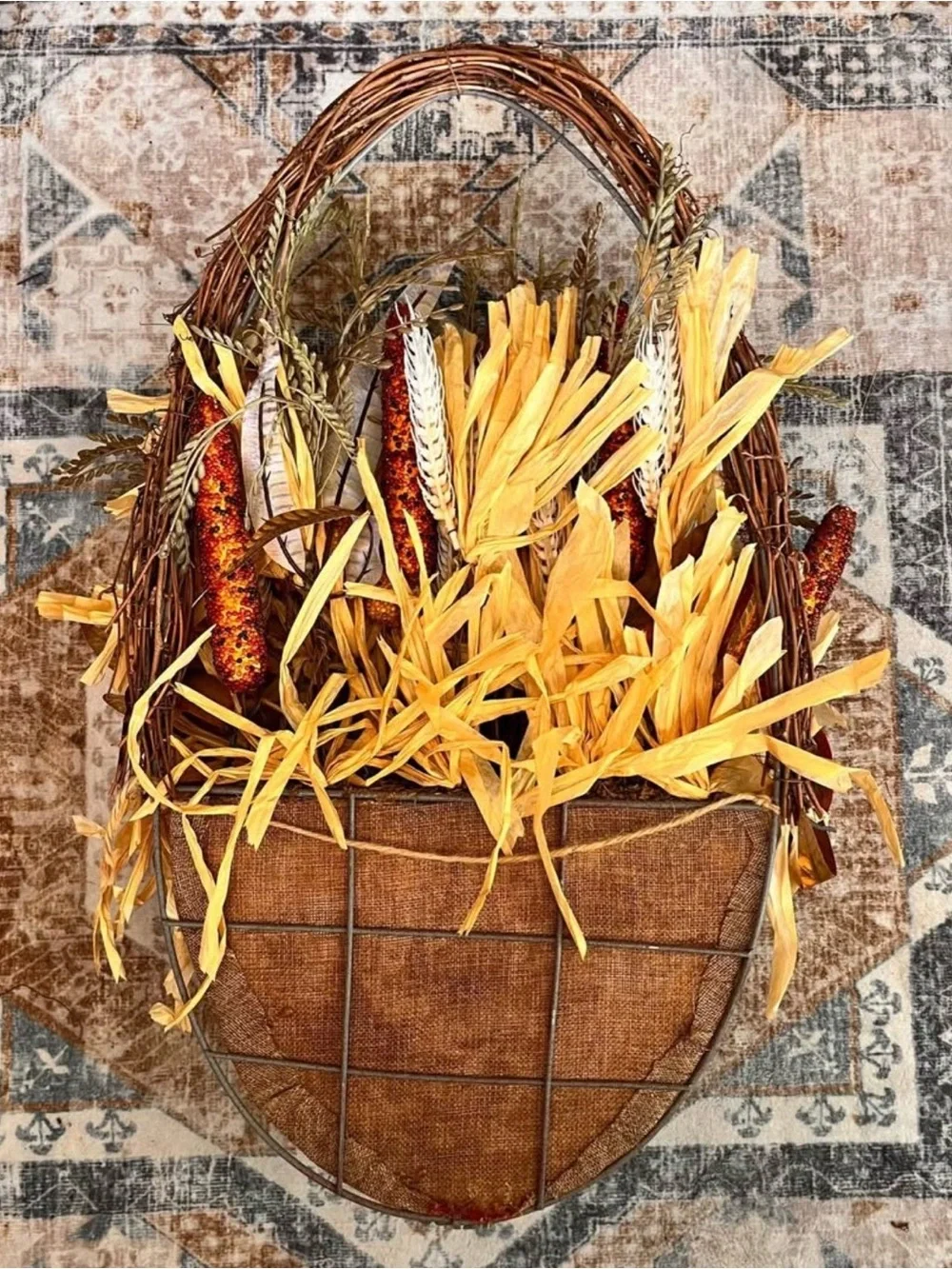 Rustic Autumn Wall Basket with Yellow and Brown Foliage